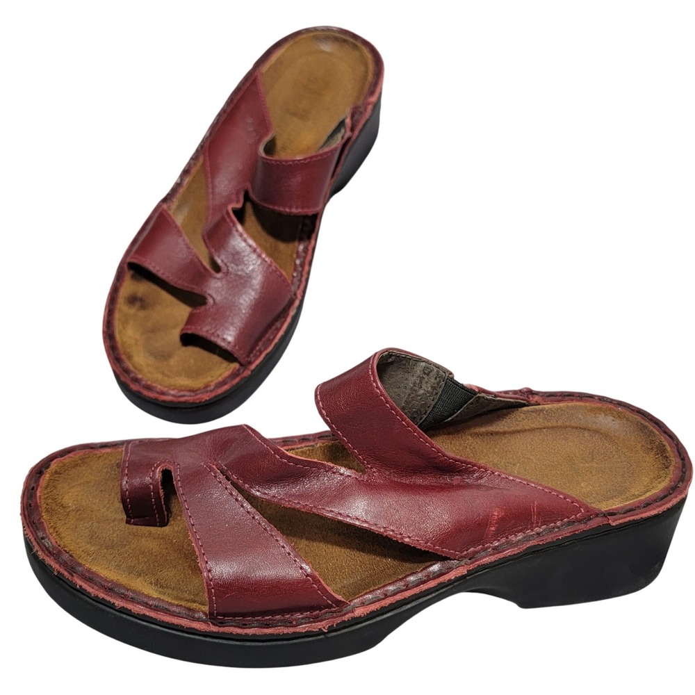 NAOT Monterey Burgundy Red Leather Toe Loop Wedge Slide Sandals Comfort 37 6-6.5